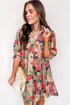 Floral Ruffled Collar Split V Neck Puff Sleeve Babydoll Mini Dress